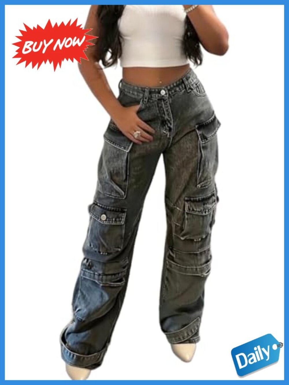 Women's Baggy Cargo Jeans Washed Utility Denim Pants